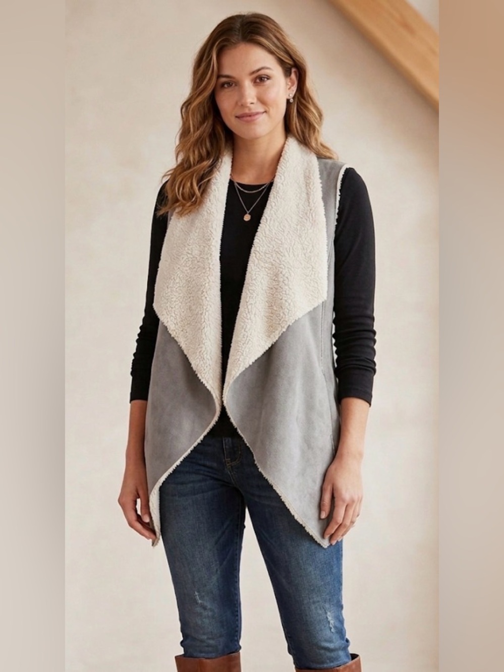 Gray Faux Suede & Sherpa Open Vest Made in Italy Boutique Piece Size Medium